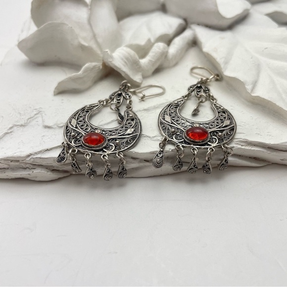 Sterling Silver 925 Dangle Earrings Amber Cabochon - Picture 5 of 11